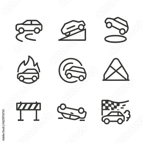 Car Stunt Icons. Outline icon set of car stunts: drift icon, car ramp, two-wheel drive, flaming track, donut spin, roll cage,