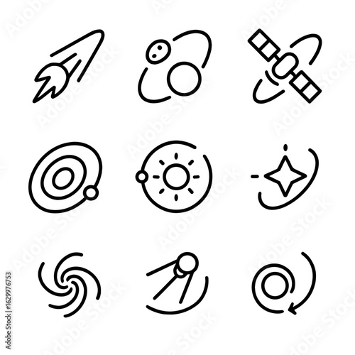 Celestial Trajectory Icons. Outline icon set of celestial trajectories: comet path, asteroid orbit, satellite trajectory,