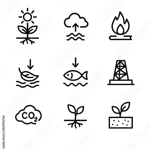 Carbon Cycle Icons. Outline icon set of carbon cycle: photosynthesis, respiration, combustion, decomposition, ocean absorption,