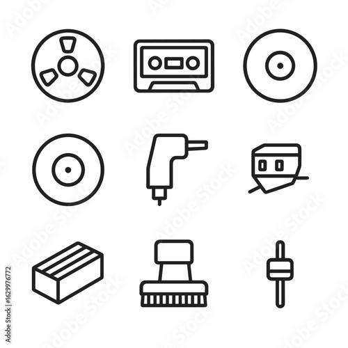 Analog Recording Icons. Outline icon set of analog recording media: reel-to-reel tape, cassette tape, vinyl pressing, magnetic