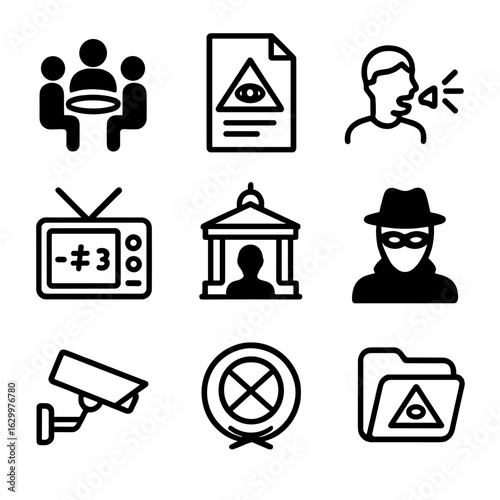 Conspiracy Icon Set. Outline icon set of conspiracy theories: secret meeting silhouette, clandestine documents, whistleblower icon