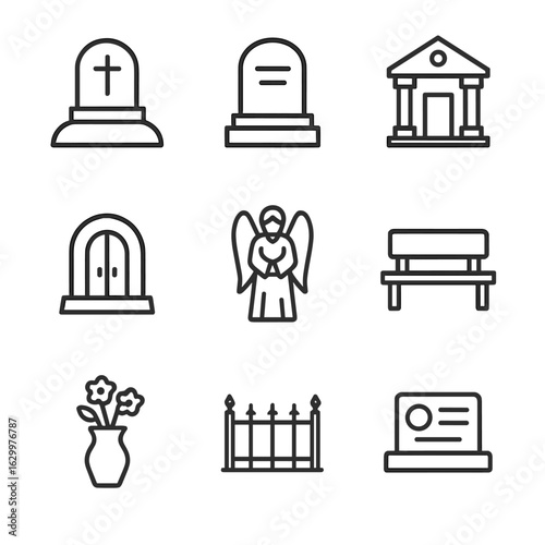 Cemetery Icons Collection. Outline icon set of cemetery objects: grave, tombstone, mausoleum, crypt, angel statue, mourning bench,