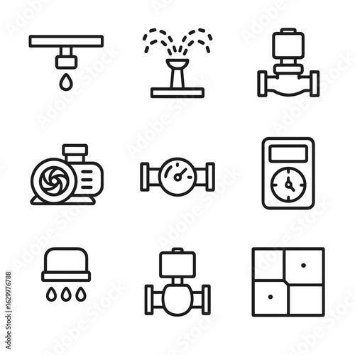 Automated Irrigation Icons. Outline icon set of automated irrigation controls: drip irrigation emitter, sprinkler head, solenoid