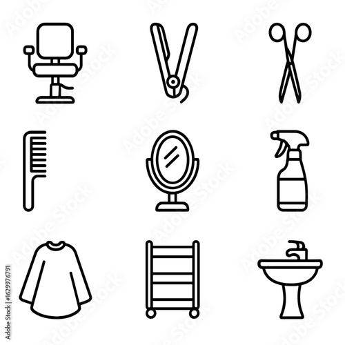 Beauty Salon Icons. Outline icon set of beauty salon interior: stylist chair, hair straightener, scissors,