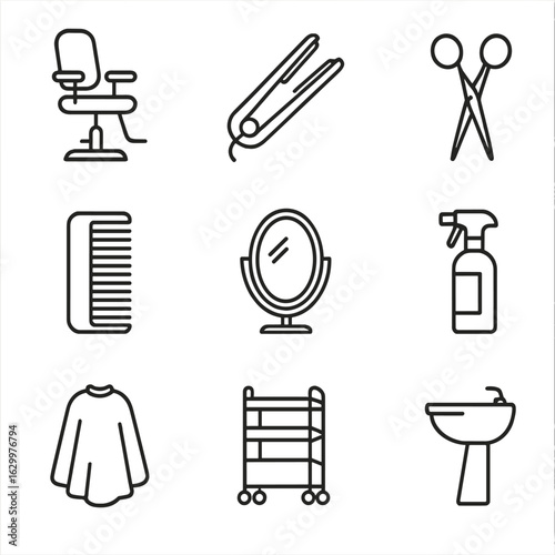 Beauty Salon Icons. Outline icon set of beauty salon interior: stylist chair, hair straightener, scissors,