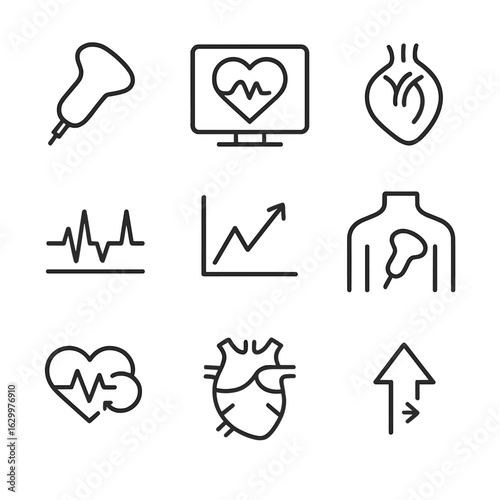Cardiology and Bluetooth Icons. Outline icon set of cardiology ultrasound: heart probe, echocardiogram display, valve illustration