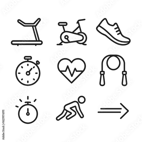 Cardio Icon Set. Outline icon set of cardio training: treadmill, cycling bike, running shoe, stopwatch, heart rate icon, jump rope