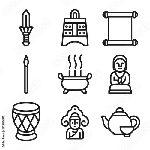 Ancestral Artifacts Icons. Outline icon set of ancestral hall artifacts: ceremonial dagger, bronze bell, scroll, ink brush,