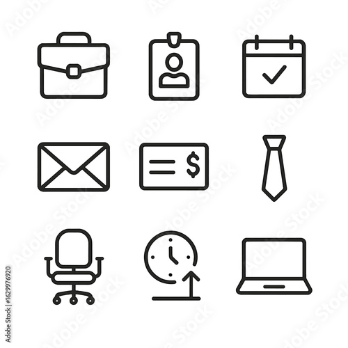 Career Start Icons. Outline icon set of career beginning: briefcase, ID badge, calendar invite, email icon, first paycheck, tie