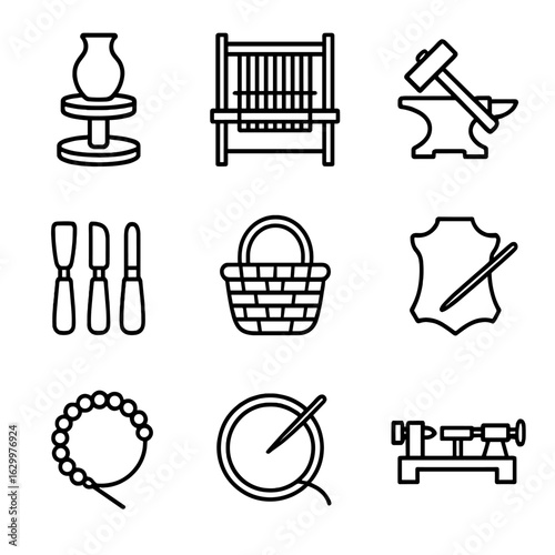 Ancestral Craft Icons. Outline icon set of ancestral crafts: pottery wheel, weaving loom, blacksmith hammer, carving tools, basket