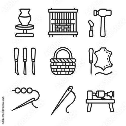 Ancestral Craft Icons. Outline icon set of ancestral crafts: pottery wheel, weaving loom, blacksmith hammer, carving tools, basket