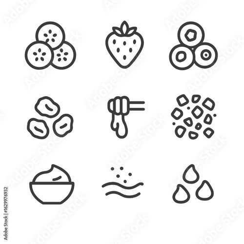 Cereal Toppings Icons. Outline icon set of cereal toppings: banana slices, strawberry, blueberries, raisins, honey drizzle,