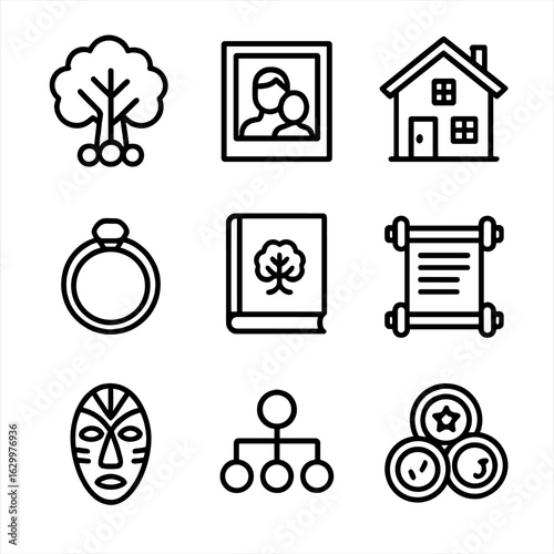 Ancestral Heritage Icons. Outline icon set of ancestral heritage: family tree, old photo, ancestral home, heirloom, genealogy book