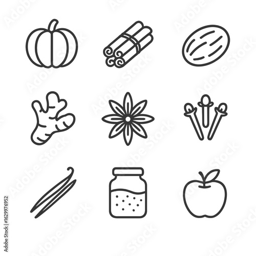 Autumn Ingredient Icons. Outline icon set of seasonal ingredients: whole pumpkin, cinnamon stick bundle, nutmeg seed, ginger root