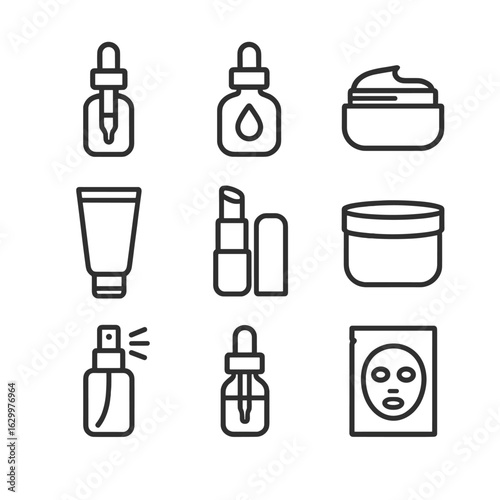 Autumn Skincare Icons. Outline icon set of autumn moisturizing essentials: hydrating serum, rich facial oil, nourishing night