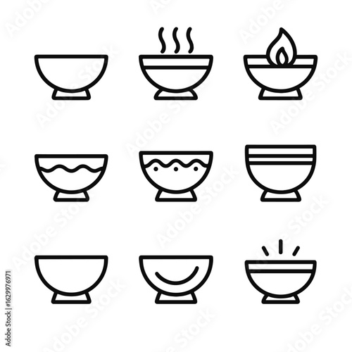 Ceremonial Bowl Icons. Outline icon set of ceremonial bowls: offering bowl, incense bowl, ritual bowl, water bowl, sacred bowl,