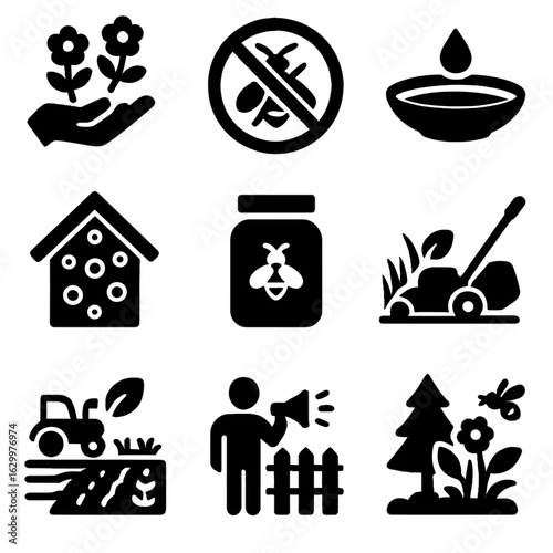 Bee-Friendly Lifestyle Icons. Solid, filled icons set of bee-friendly lifestyle choices: planting flowers,