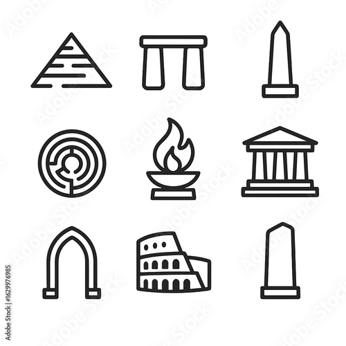 Ancient Architecture Icons. Outline icon set of eternal architecture and monuments: ancient pyramid, stonehenge, obelisk, eternal