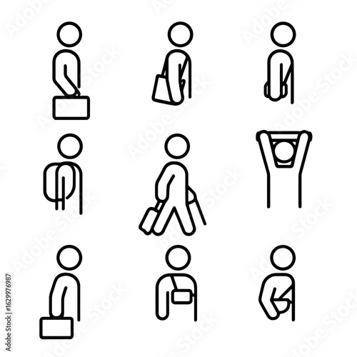 Carry Method Icons. Outline icon set of carry methods: hand carry, shoulder carry, crossbody carry, backpack carry, wheeled carry,