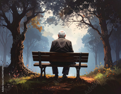 Elderly Man Contemplating on Park Bench Amidst Serene Nature