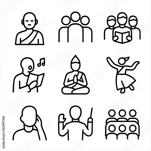 Chant Participants Icons. Outline icon set of chant participants: monk, group of people, choir, solo singer, spiritual leader,