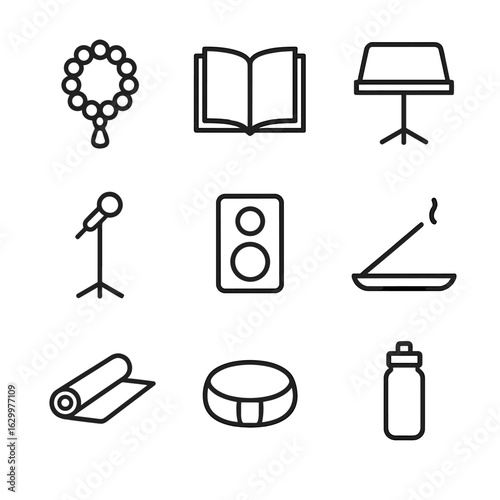 Chanting Icons Set. Outline icon set of chant accessories: mala beads, chanting book, music stand, microphone stand, portable