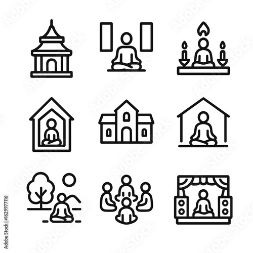 Chant Settings Icons. Outline icon set of chant settings: temple, meditation room, altar, shrine, monastery, yoga studio, nature