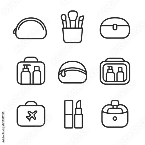 Cosmetic Icon Set. Outline icon set of cosmetic cases: makeup bag, brush holder, toiletry pouch, skincare organizer, zipper