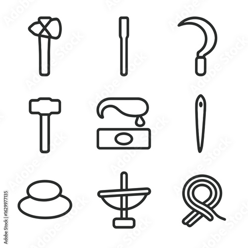 Ancient Tools Icons. Outline icon set of ancient tools: stone axe, chisel, sickle, hammer, firestarter, bone needle, grinding