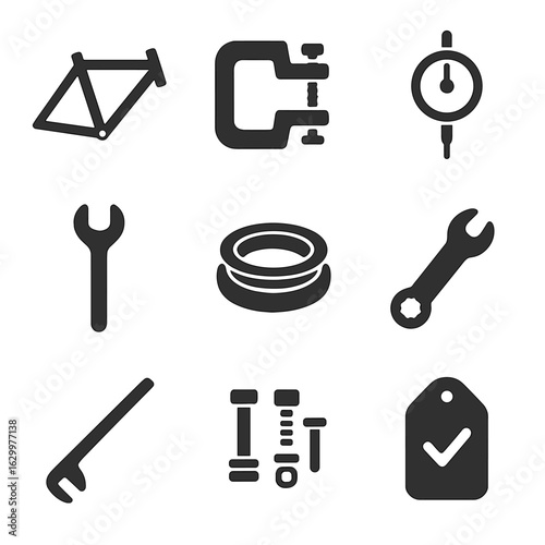 Bicycle Frame Icons. Solid, filled icons set of bike frame and alignment fixes: bike frame icon, frame clamp,