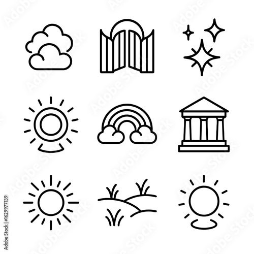 Angelic Icon Set. Outline icon set of angelic environment: heavenly clouds, celestial gates, shining stars, divine aura, rainbow
