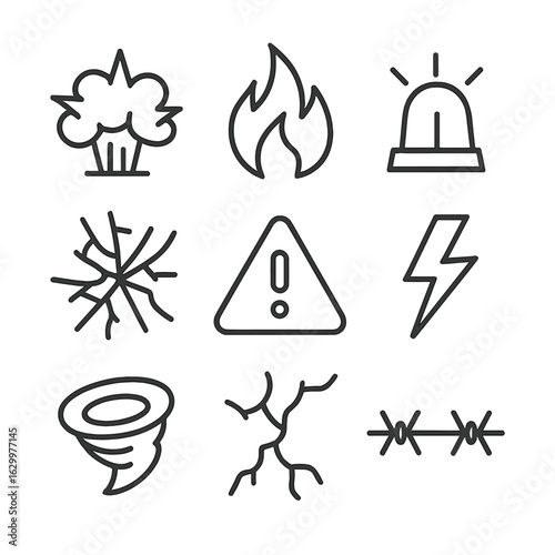 Chaos Icon Set. Outline icon set of chaos and disorder: explosion, fire flame, siren, warning triangle, shattered glass, lightning
