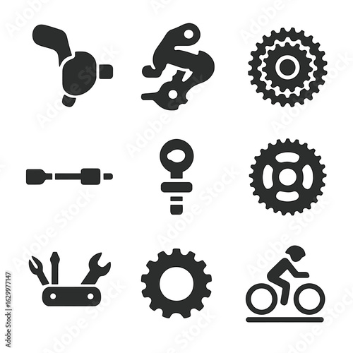 Bicycle Gear Icons. Solid, filled icons set of tuning bicycle gears: gear shifter, derailleur icon, gear