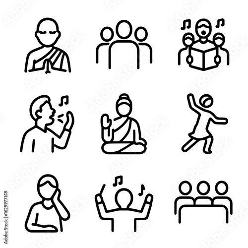 Chant Participants Icons. Outline icon set of chant participants: monk, group of people, choir, solo singer, spiritual leader,
