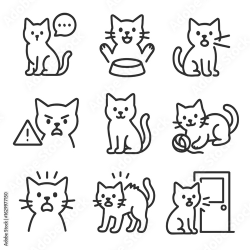 Cat Communication Icons. Outline icon set of meow in communication: cat communicating, asking for food, meowing for attention, cat