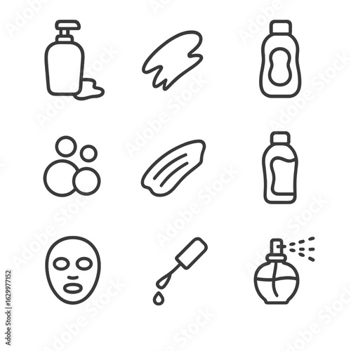 Cosmetic Residue Icons. Outline icon set of residue in cosmetics and personal care: lotion residue, makeup smudge, shampoo foam,