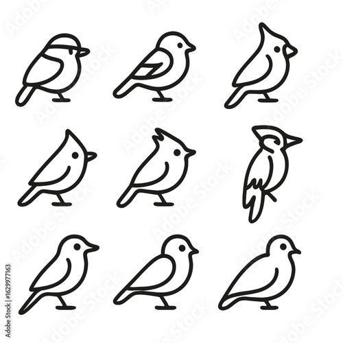 Backyard Bird Icons. Outline icon set of common backyard birds: chickadee, sparrow, finch, cardinal, nuthatch, titmouse,