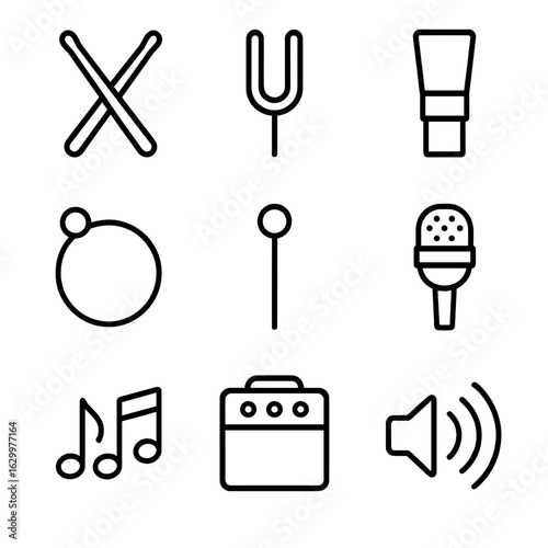 Chant Instrument Icons. Outline icon set of chant instruments accessories: drumsticks, tuning fork, reed, string, mallet,