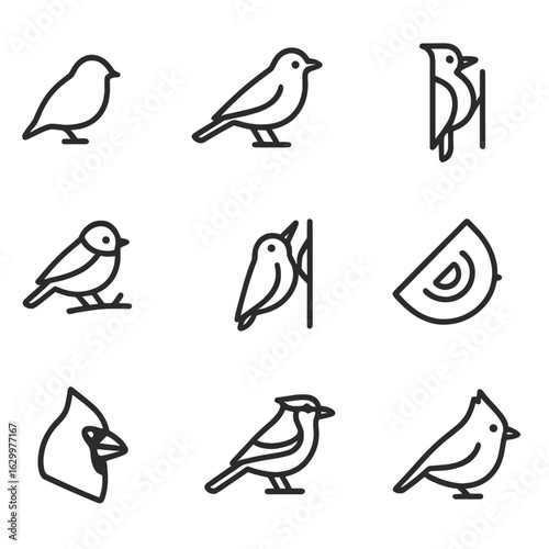 Backyard Birds Icons. Outline icon set of backyard bird species: sparrow silhouette, robin profile, finch side view, chickadee