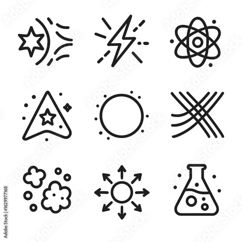 Cosmic Consequences Icons. Outline icon set of cosmic consequences: interstellar shock, cosmic ray acceleration, ISM enrichment,
