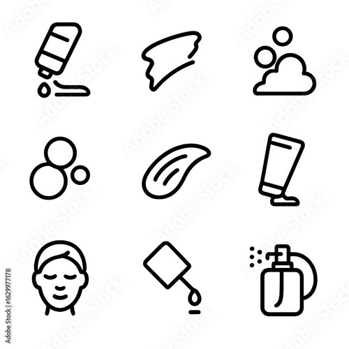 Cosmetic Residue Icons. Outline icon set of residue in cosmetics and personal care: lotion residue, makeup smudge, shampoo foam,
