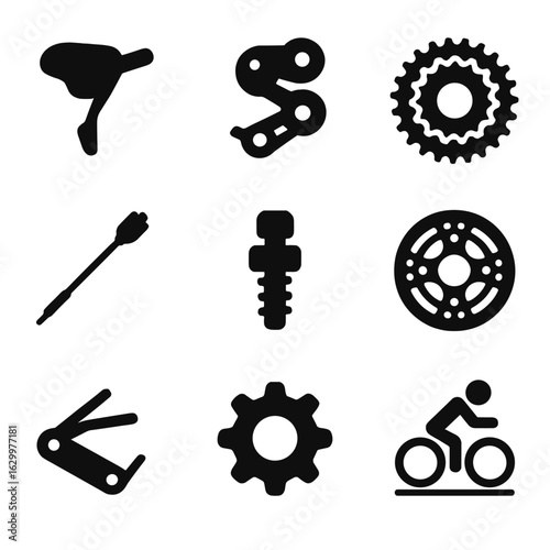 Bicycle Gear Icons. Solid, filled icons set of tuning bicycle gears: gear shifter, derailleur icon, gear