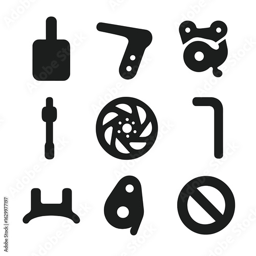 Bike Brake Icons Set. Solid, filled icons set of adjusting bike brakes: brake pad, brake lever, caliper icon,