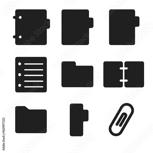 Binder Icons Grid. Solid, filled icons set of binder with dividers for subjects: ring binder, subject tab,