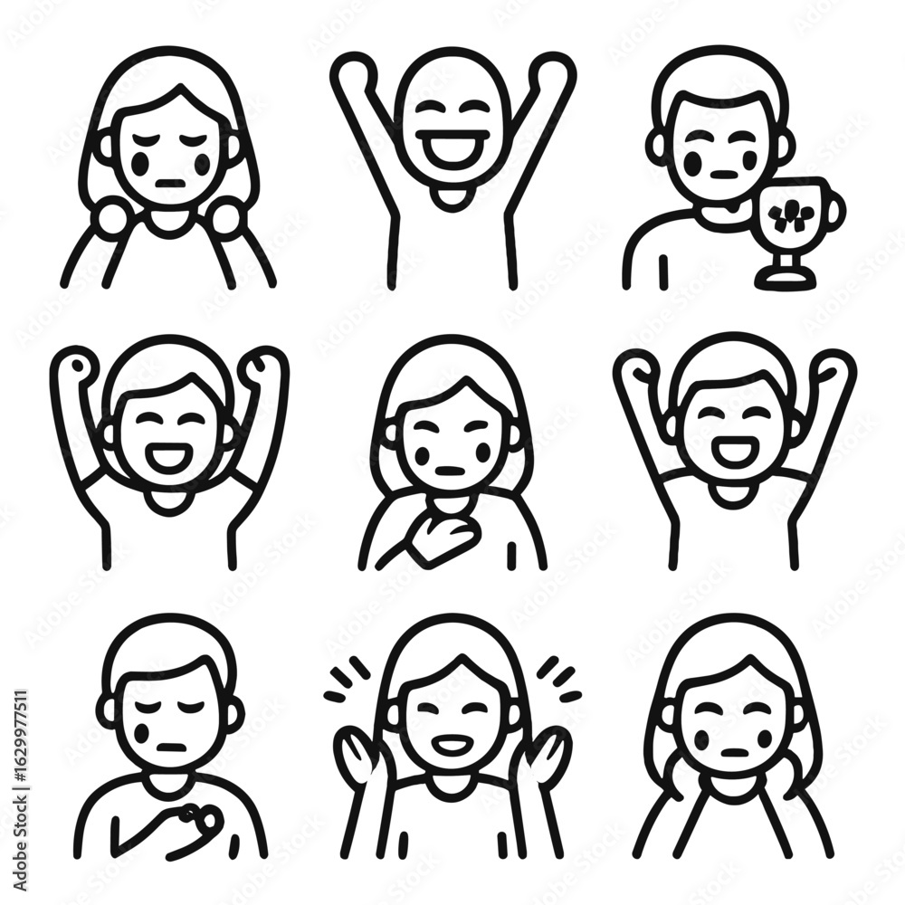 Celebratory Cry Icons. Outline icon set of cry in celebration: tears of happiness, cry in victory, emotional win, triumph cry, Celebratory Cry Icons. Outline icon set of cry in celebration: tears of happiness, cry in victory, emotional win, triumph cry,