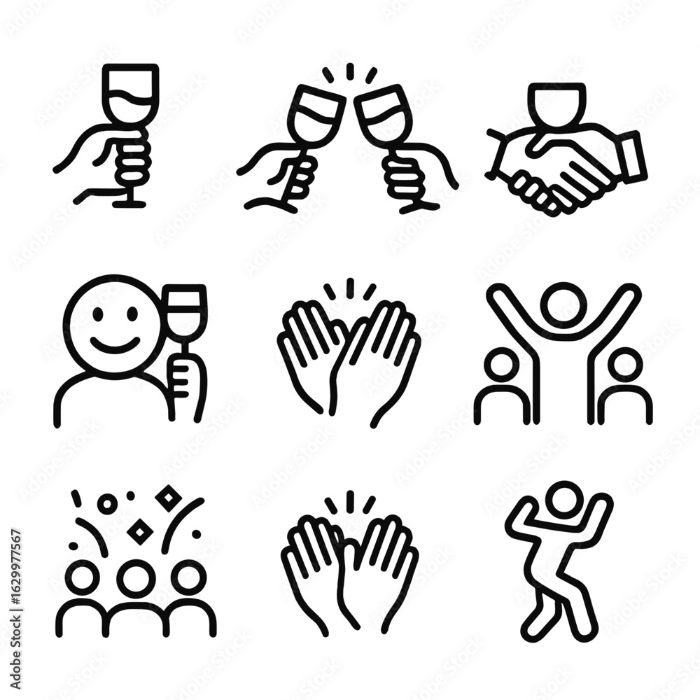Fototapeta premium Celebratory Gesture Icons. Outline icon set of toast gestures: raised hand with glass, cheers sign, handshake with glass, smiley
