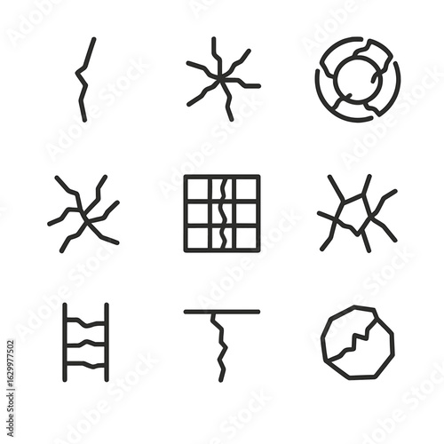 Crack Pattern Icons. Outline icon set of crack patterns: linear crack, radial crack, concentric crack, random crack, grid crack,