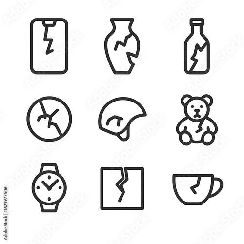 Cracked Object Icons. Outline icon set of crack in objects: cracked phone screen, broken vase, shattered bottle, cracked lens,