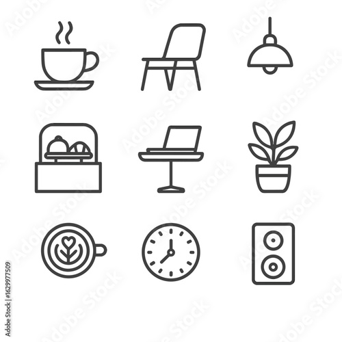 Cozy Café Icons. Outline icon set of cozy café moments: coffee cup, chair, hanging lamp, pastry display, laptop on table, plant