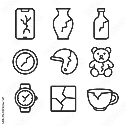 Cracked Object Icons. Outline icon set of crack in objects: cracked phone screen, broken vase, shattered bottle, cracked lens,